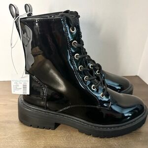 Maurices Womens Black Patent Lace Up Combat Boots Side Zip Lug Sole Size 8 BNWT